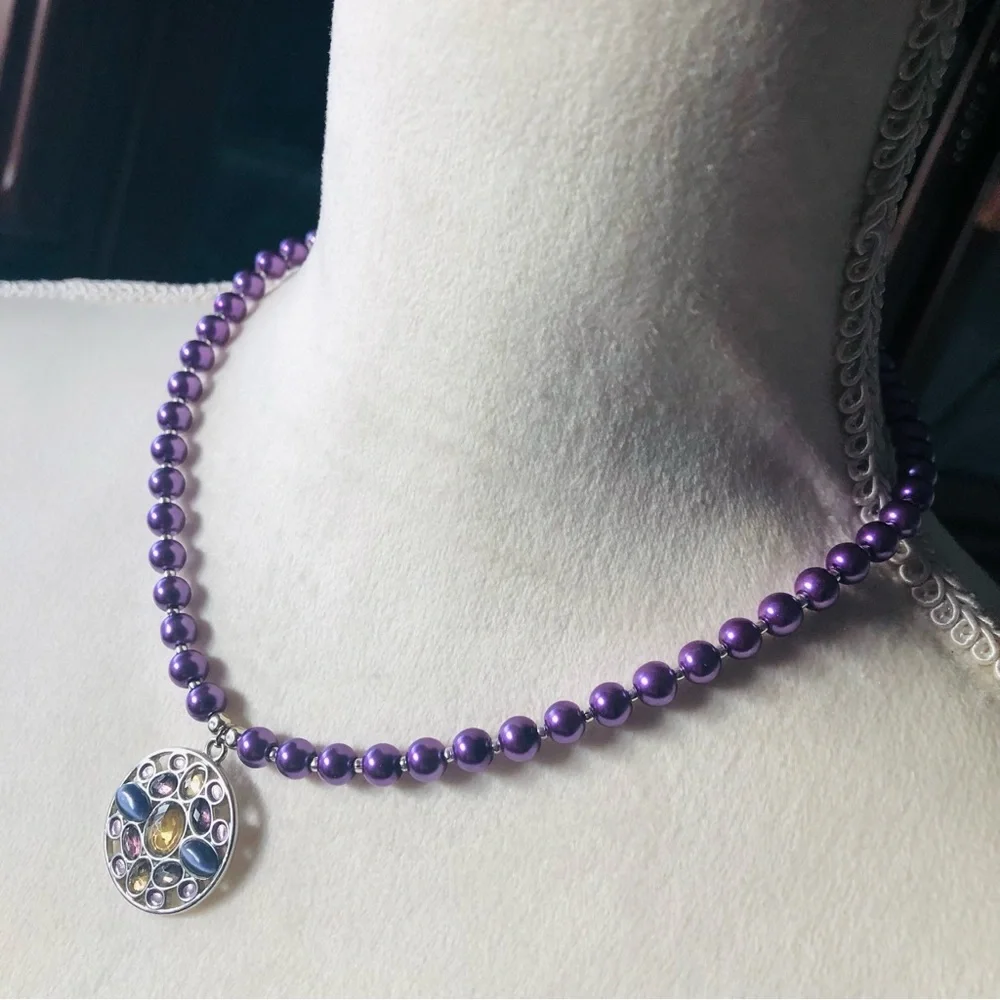 Handcrafted repurpose multi tone stone pendant Czech glass Pearl necklace